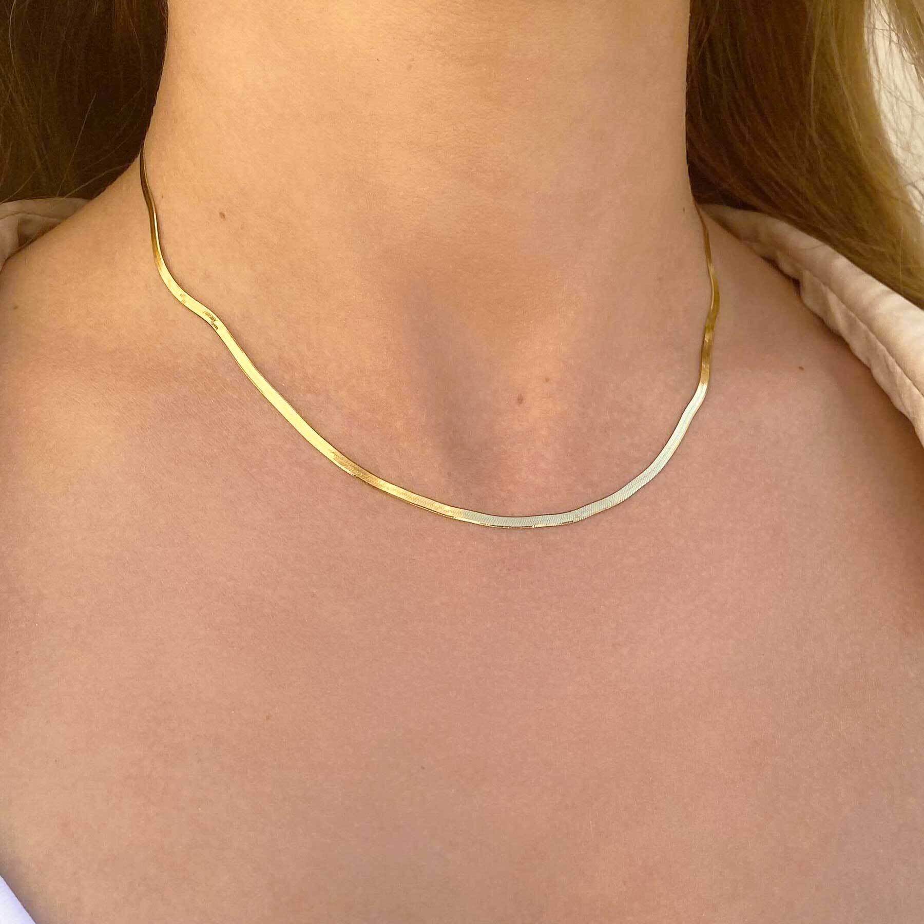 14K Gold Thin Herringbone Necklace 3mm
