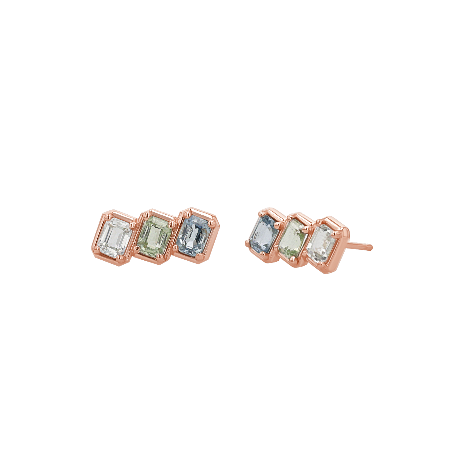 Emerald Cut Blue Ombré Trio Sapphire Earrings