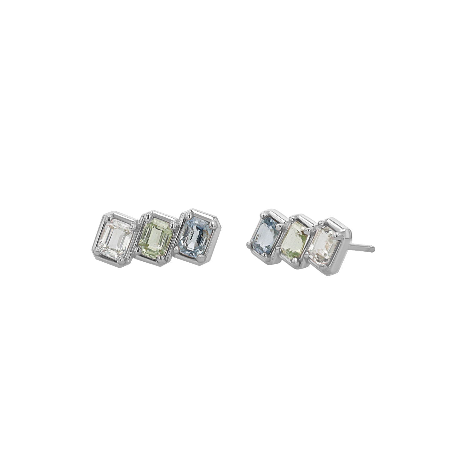 Emerald Cut Blue Ombré Trio Sapphire Earrings